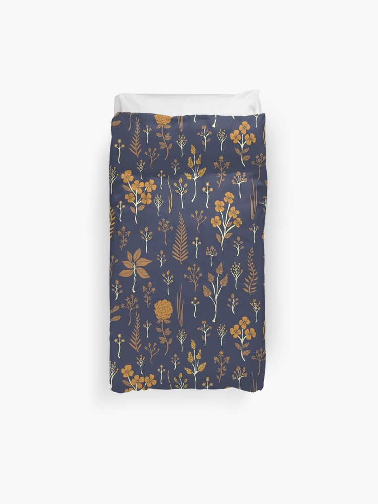 Navy Blue Mustard Yellow Floral Pattern Duvet Cover By