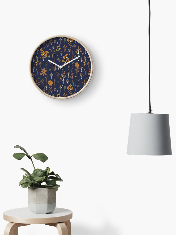 Navy Blue Mustard Yellow Floral Pattern Clock By Somecallmebeth Redbubble