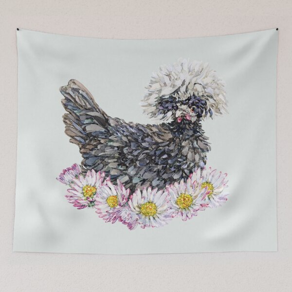 Item preview, Mable the White Crested Polish Chicken with watercolor daisies designed and sold by becca-boyce.