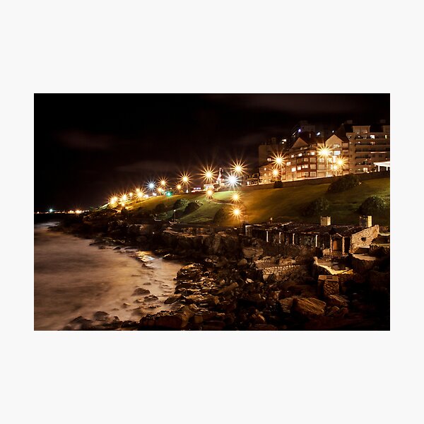 Long exposure night photography of Mar del Plata's coastline Photographic Print