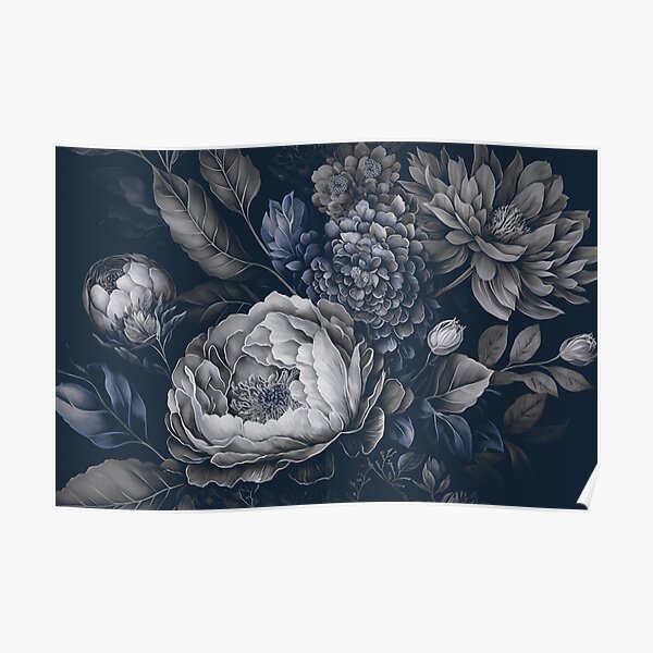 Midnight Blue Baroque Large Floral Poster