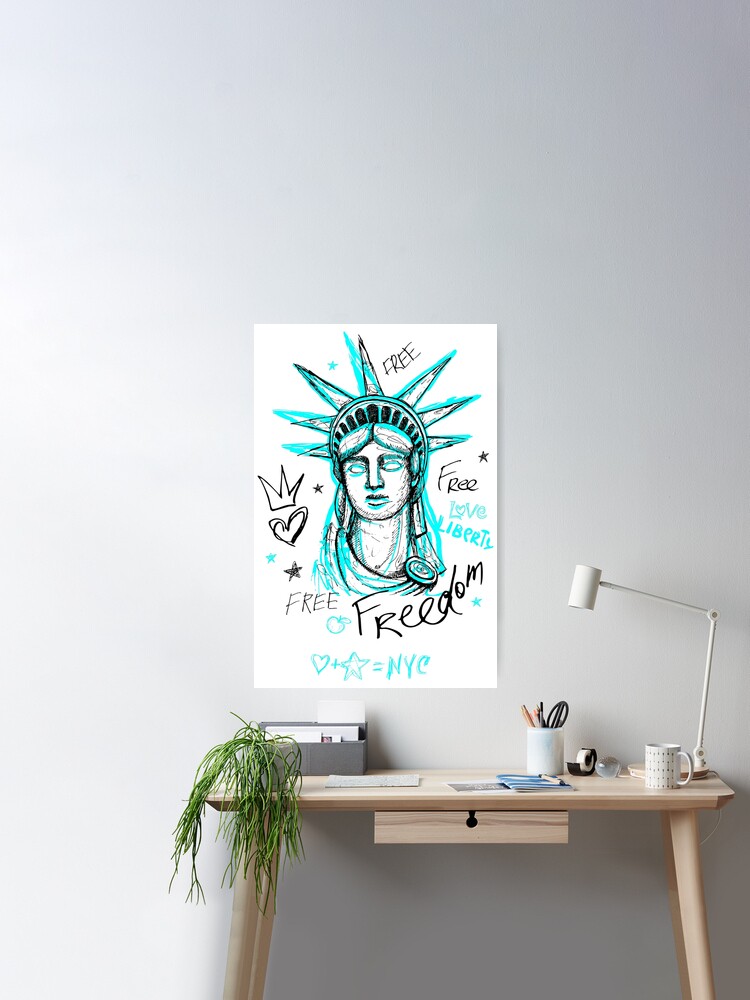 New York, city, american liberty, freedom, monument. Trendy t-shirt  template, fashion t shirt design, bright summer, cool slogan lettering.  Color pencil, marker ink, pen doodles sketch style Stock Vector