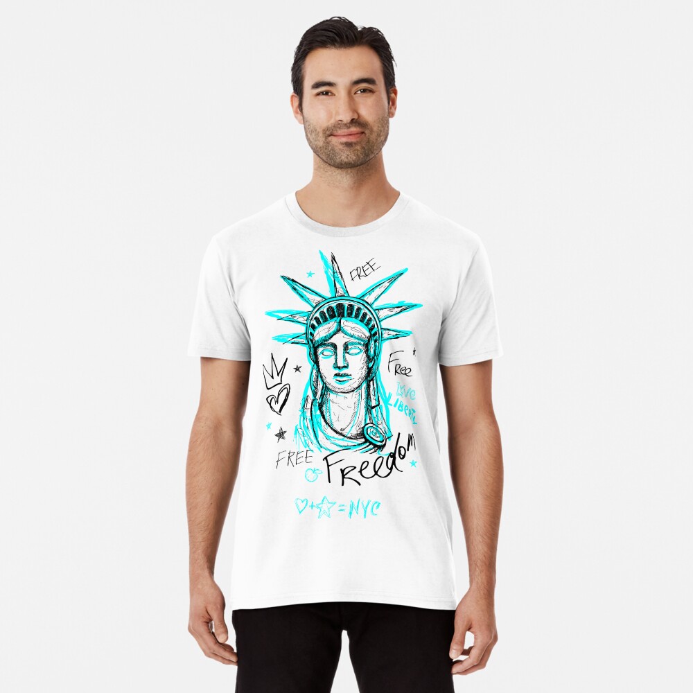 New York, City, American Liberty, Freedom, Monument. Trendy T-shirt  Template, Fashion T Shirt Design, Bright, Summer, Cool Slogan Lettering.  Color Pencil, Marker, Ink, Pen Doodles Sketch Style. Hand Drawn  Illustration Vector. Royalty