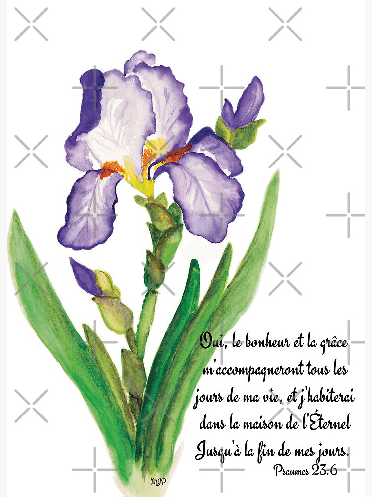 "Irises and bible verse "Yes happiness and grace will be with me always