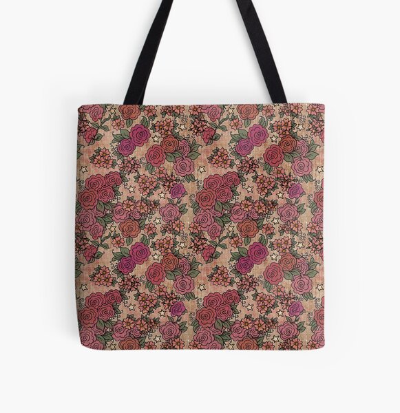 Roses and Stars on Rusty Cream Background All Over Print Tote Bag