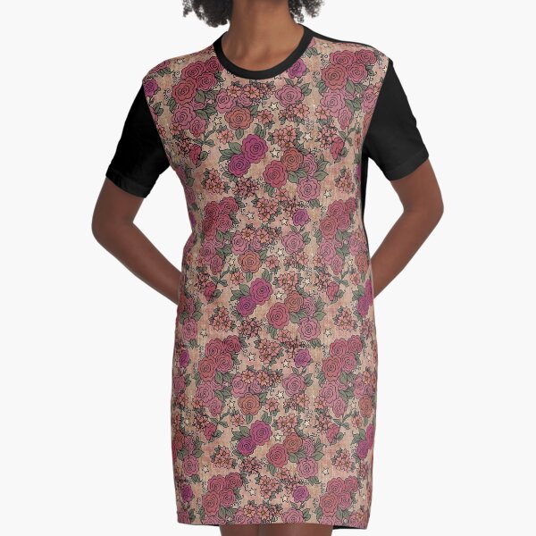 Roses and Stars on Rusty Cream Background Graphic T-Shirt Dress