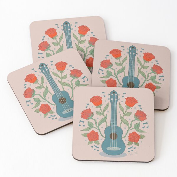 Artikelvorschau, Ukulele der Rose ~ Vintager Kunstdruck ~ Blau u. Rot auf weichem rosa Hintergrund entworfen und verkauft von Danvrie.