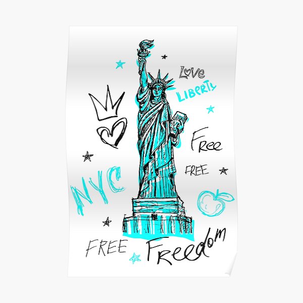 New York, City, American Liberty, Freedom, Monument. Trendy T-shirt  Template, Fashion T Shirt Design, Bright, Summer, Cool Slogan Lettering.  Color Pencil, Marker, Ink, Pen Doodles Sketch Style. Hand Drawn  Illustration Vector. Royalty