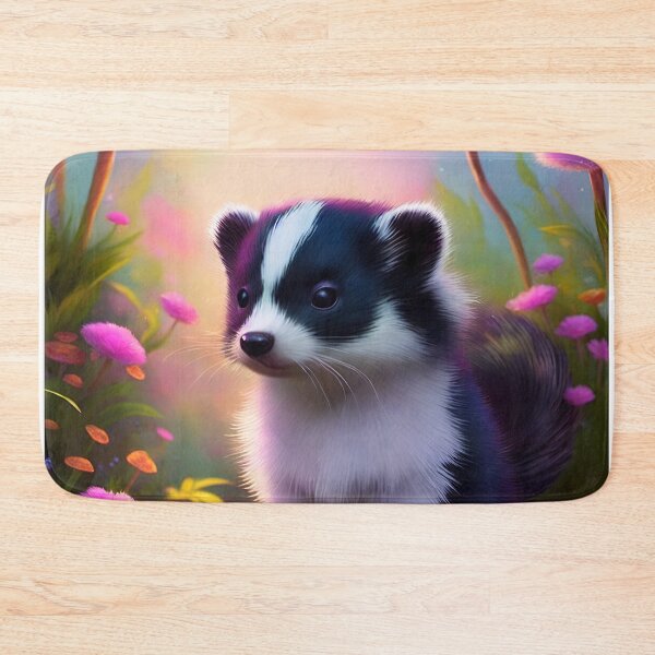 Item preview, Baby skunk sitting in the forest surrounded by flowers designed and sold by Whimsy Bu.