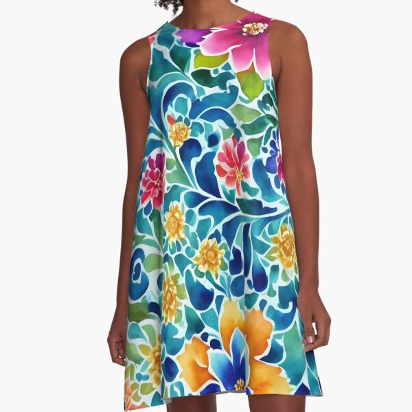Colorful damask pattern, watercolor oriental floral A-Line Dress