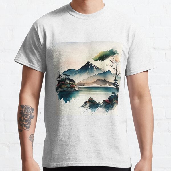 Japanese-style Watercolour Mountain and Lake Landscape; Perfect gift for nature lovers; Ideal for Japanese nature art for home décor Classic T-Shirt