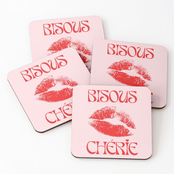 Aperçu de l'œuvre French Kiss - Bisous Cherie (Kisses Sweetheart in French) Affiche Française, Rose et Rouge, Vintage, Rétro créée et vendue par TheLoveShop.