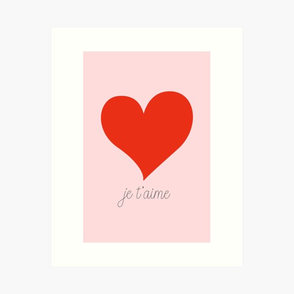 Je T'aime (I Love You in French) French Poster, Pink and Red, Vintage, Retro Art Print