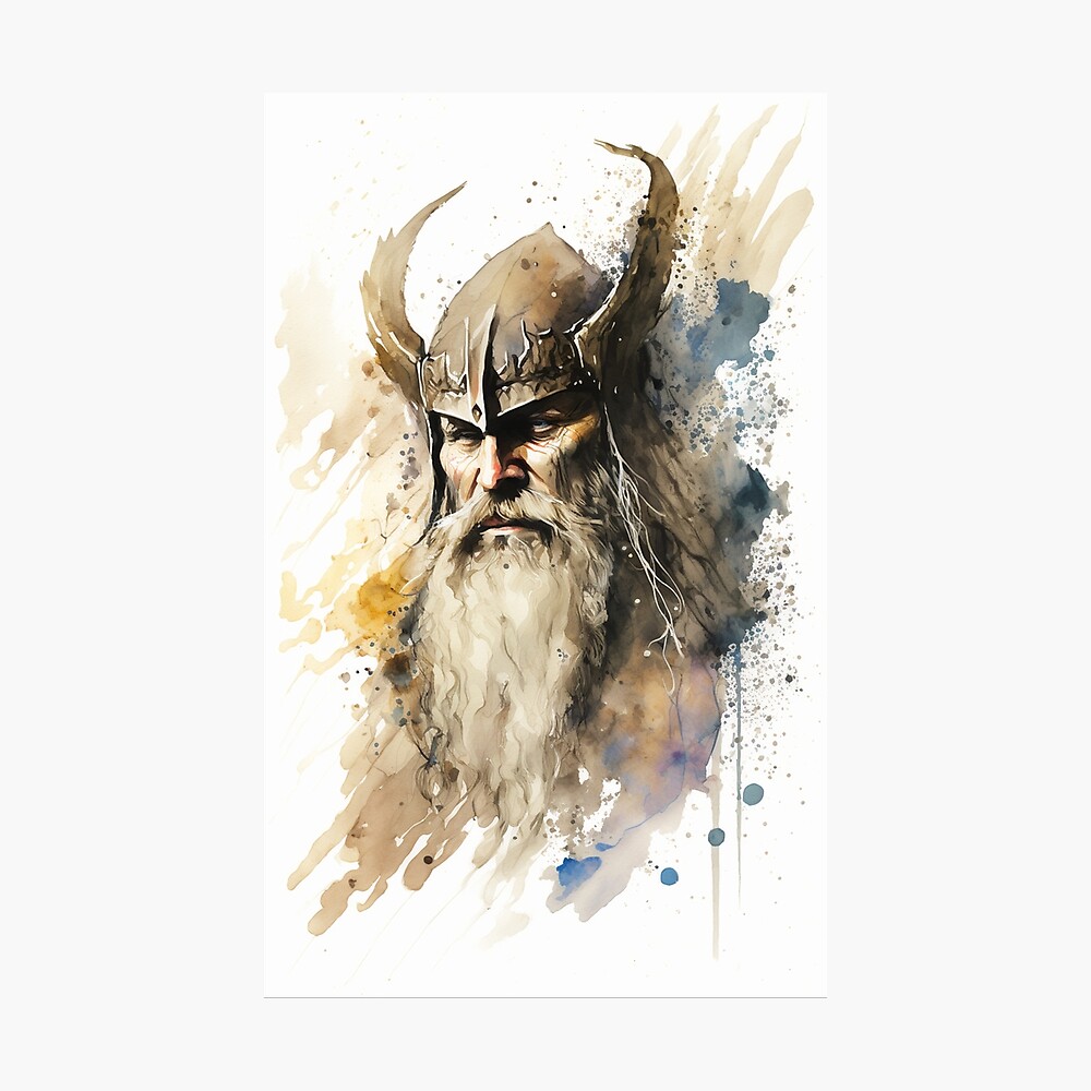 painted portrait of rugged odin, god of war, nordic