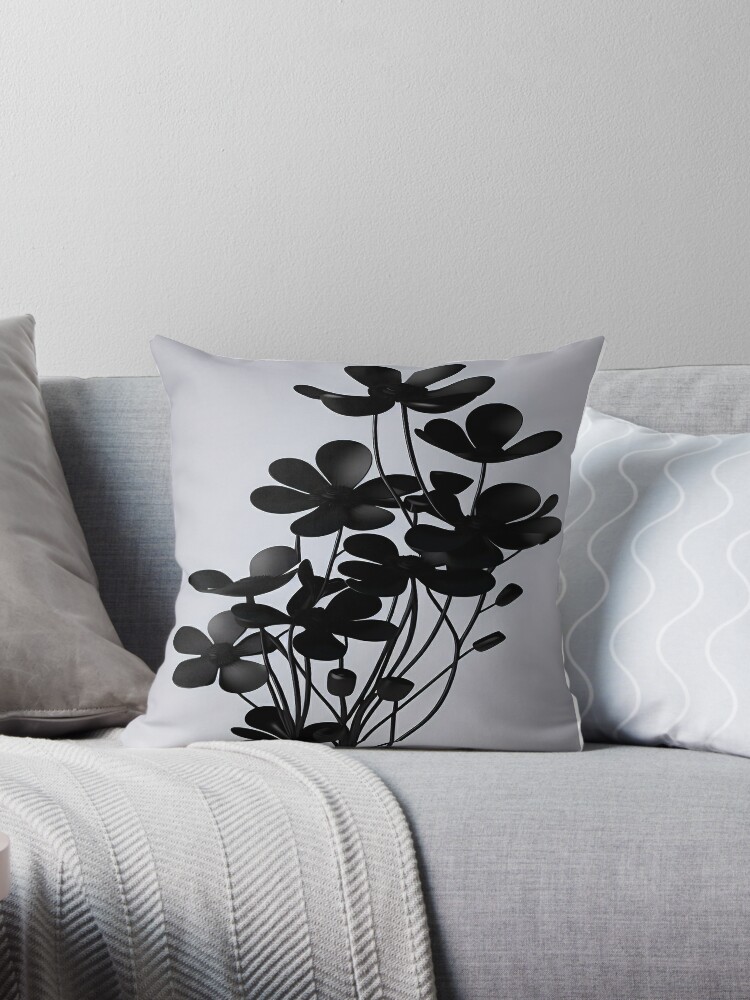 Black Satin Sable Flowers Stems and Leaves Gray Background Throw Pillow