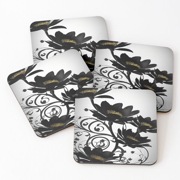 Item preview, Jet Black Satin Sable Plant Leaves Big Flowers Yellow Center Curvy Stems White Gray Background designed and sold by deniselynnimage.
