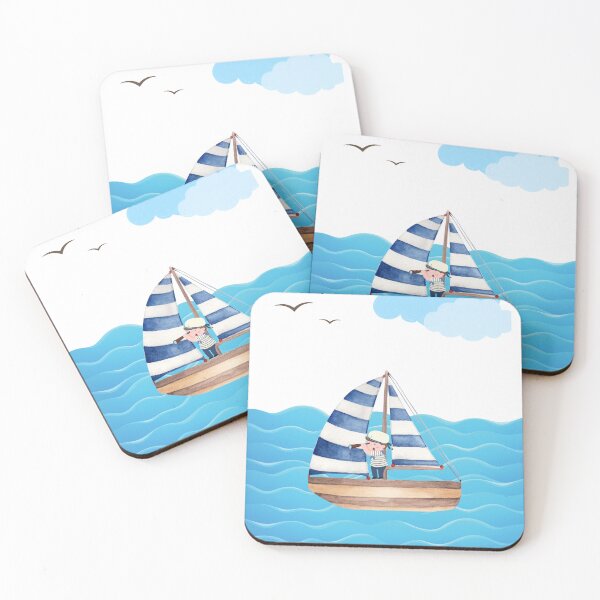 Item preview, Cute Sailor boy on Sailboat out in the Blue Sea with birds and clouds designed and sold by theyellowlabel.