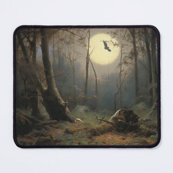 Item preview, Moonlit Clearing - Atmospheric Digital Painting, Dark Forest Series - Owl Swoops Across Moon in Forest, Impressionist Painting designed and sold by CloudofKnowing.