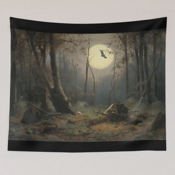 Item preview, Moonlit Clearing - Atmospheric Digital Painting, Dark Forest Series - Owl Swoops Across Moon in Forest, Impressionist Painting  designed and sold by CloudofKnowing.