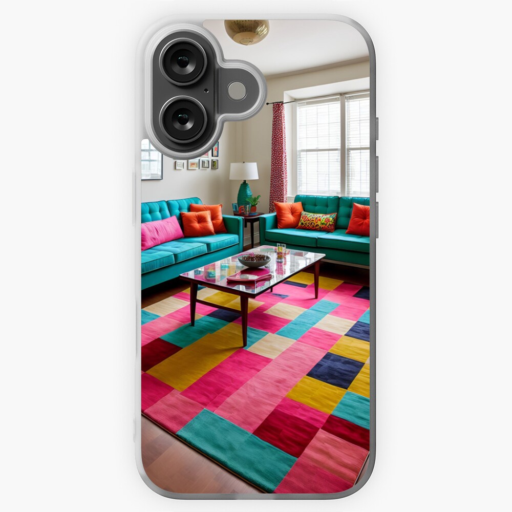 A 1960s Living Room With A Vibrant, Retro-Style Sofa And Armchair, Surrounded By A Mix Of Vintage Furniture And Decor, Including A Bold, Geometric Patterned Rug Ai Generated Art Sticker