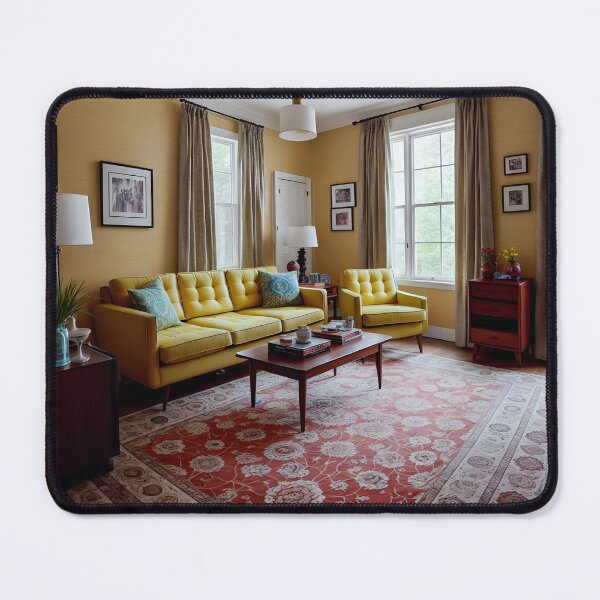 Item preview, A 1960s Living Room with a Cozy, Eclectic Atmosphere, Featuring a Mix of Vintage Furniture and Decor, Including a Classic, Mid-Century Modern Armchair and a Vibrant, Patterned Rug Ai Generated Art designed and sold by AiGens.