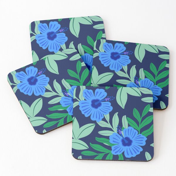 Item preview, Floral blue hibiscus pattern on navy | tropical summer flowers designed and sold by Lindsay Marie Patterns.