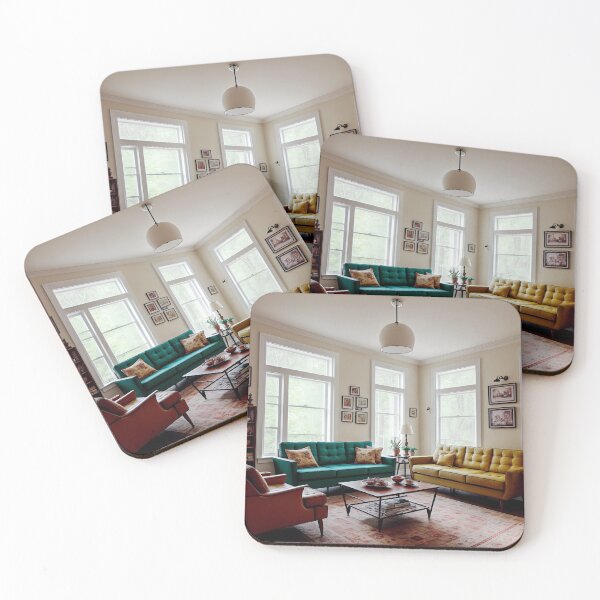 Artikelvorschau, Ein Wohnzimmer aus den 1960er Jahren mit einer warmen, einladenden Atmosphäre und einer Mischung aus Vintage-Möbeln und -Dekor, darunter ein Sofa und ein Sessel im Retro-Stil. Ai Generated Art entworfen und verkauft von AiGens.