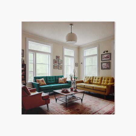 Artikel-Vorschau von Ein Wohnzimmer aus den 1960er Jahren mit einer warmen, einladenden Atmosphäre und einer Mischung aus Vintage-Möbeln und -Dekor, darunter ein Sofa und ein Sessel im Retro-Stil. Ai Generated Art, designt und verkauft von AiGens.