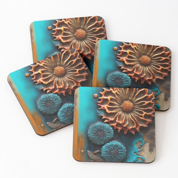 Aperçu de l'œuvre Fusion encaustique : fleurs de cire bleu sarcelle et orange créée et vendue par EvyeniaArt.