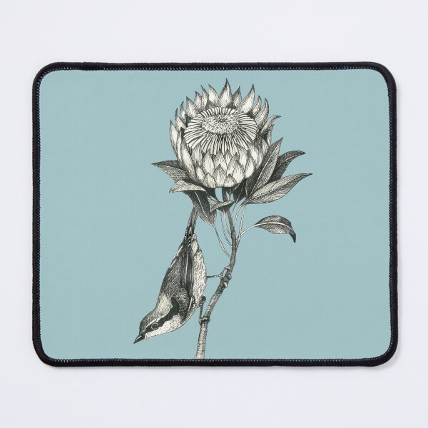 Item preview, bird on protea flower on blue background designed and sold by EllenLambrichts.