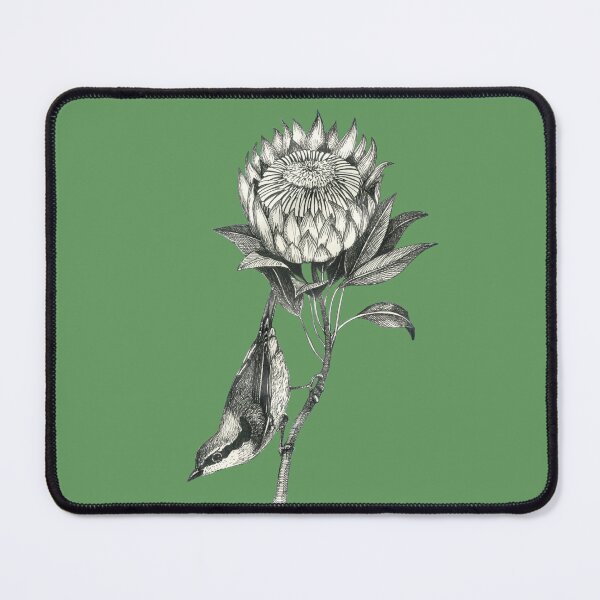 Item preview, bird on protea on deep moss green background designed and sold by EllenLambrichts.