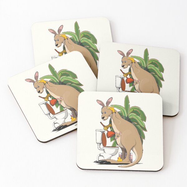 Item preview, Kangaroo unblocking the toilet, funny animal bathroom art designed and sold by Wyattdesign.
