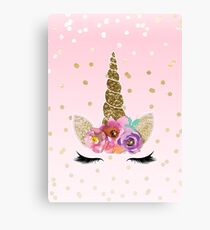 Floral Unicorn Horn & Gold Confetti Canvas Print