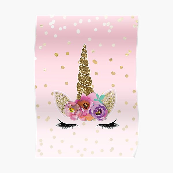 Floral Unicorn Horn & Gold Confetti Poster