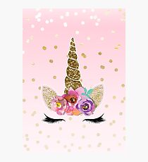 Floral Unicorn Horn & Gold Confetti Photographic Print