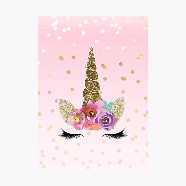 Floral Unicorn Horn & Gold Confetti Photographic Print