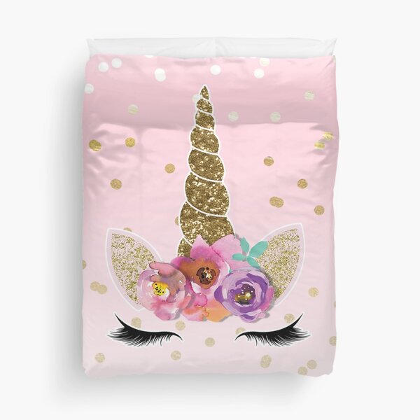 Floral Unicorn Horn & Gold Confetti Duvet Cover