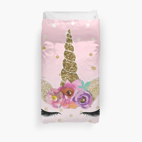 Floral Unicorn Horn & Gold Confetti Duvet Cover