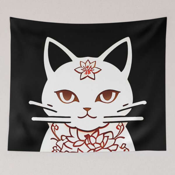 Item preview, White floral Asian Tribal Geometric Boho Nesting doll Cat from a Japanese village designed and sold by McCallnWaldo.