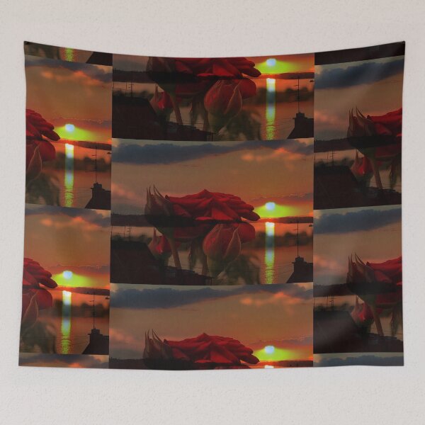 Item preview, Romantic landscape with red roses over Danube sunset in water reflection  designed and sold by Khala.