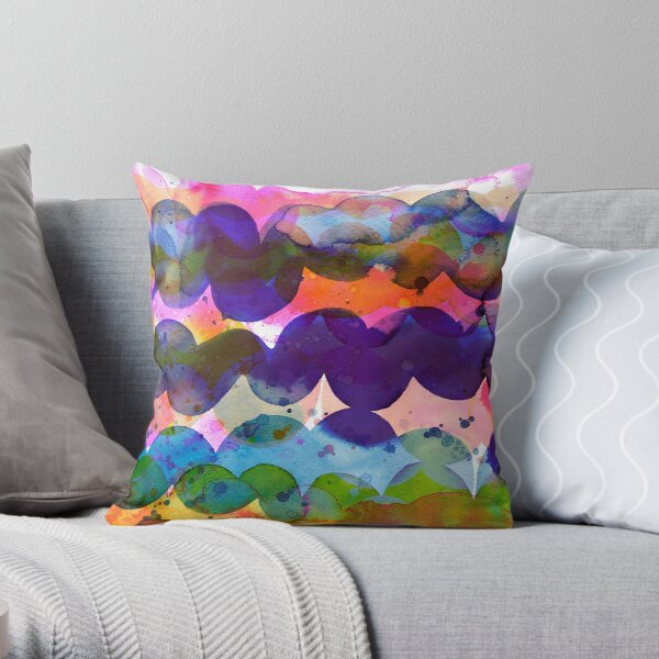 Abstract waves sunset watercolor painting - Colorful tidal Throw Pillow