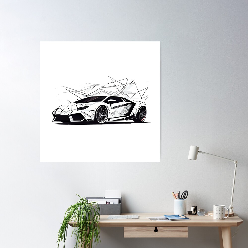 Wall Art Print, White Sport Car Auto with Night Sky