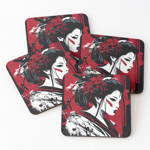 Item preview, Black white and red japanese geisha painting designed and sold by RK - Shop.