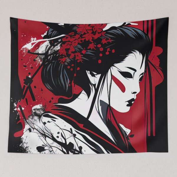 Item preview, Black white and red japanese geisha painting designed and sold by RK - Shop.