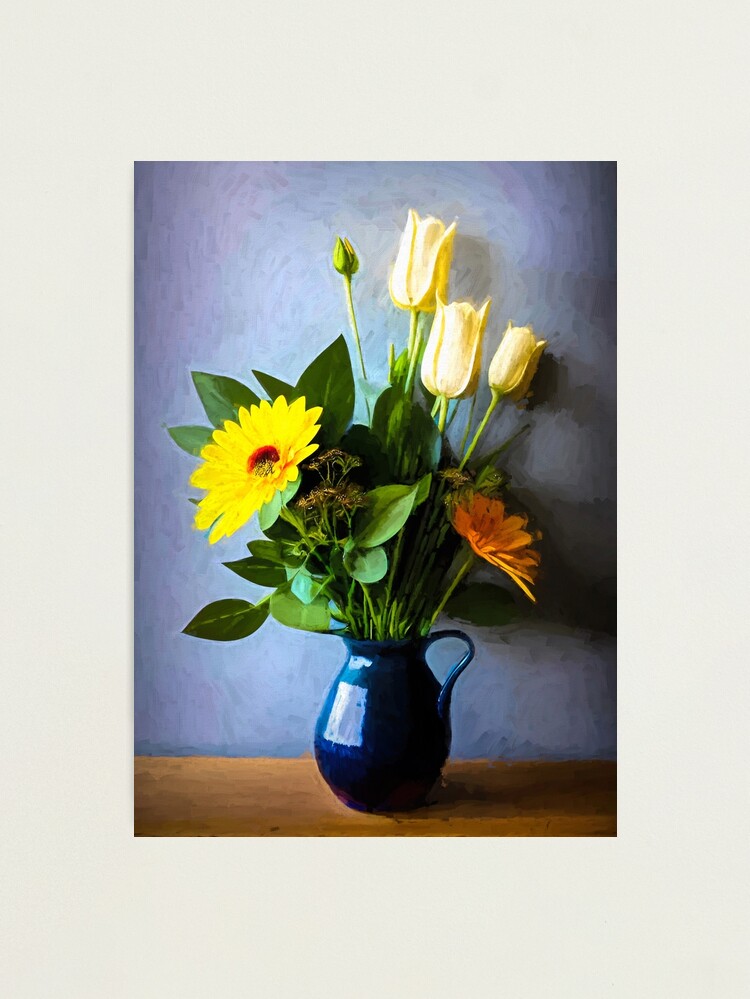 Photographic Print, Yellow flowers in vase with handle by Brian Vegas designed and sold by Brian Vegas