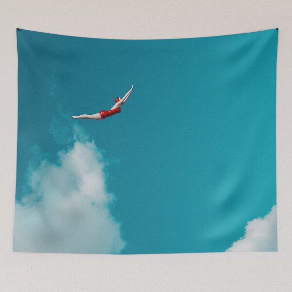 Item preview, Sky Diver: Woman in Red Bathing Suit Dives Gracefully Through the Clouds designed and sold by Ofeefee.
