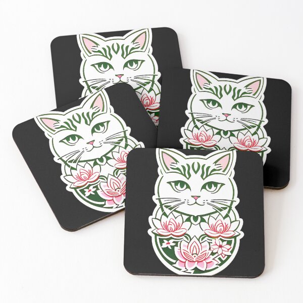 Item preview, Pink, Green, & White floral Asian Tribal Geometric Boho Cat with Lotus flower blossoms designed and sold by McCallnWaldo.