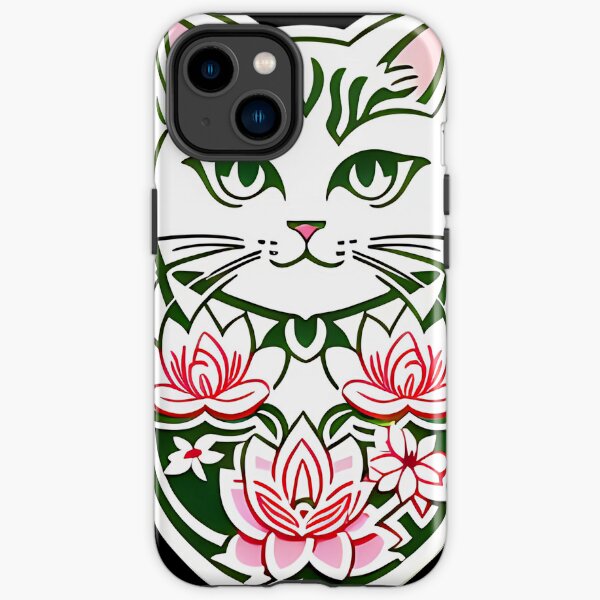 Pink, Green, & White floral Asian Tribal Geometric Boho Cat with Lotus flower blossoms iPhone Tough Case