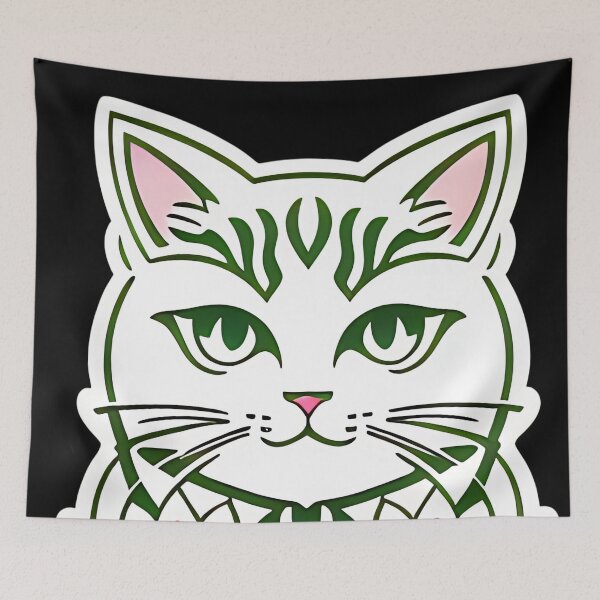 Item preview, Pink, Green, & White floral Asian Tribal Geometric Boho Cat with Lotus flower blossoms designed and sold by McCallnWaldo.