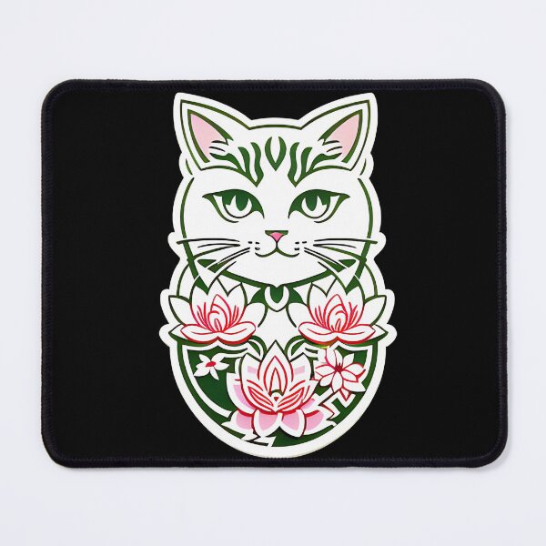 Item preview, Pink, Green, & White floral Asian Tribal Geometric Boho Cat with Lotus flower blossoms designed and sold by McCallnWaldo.